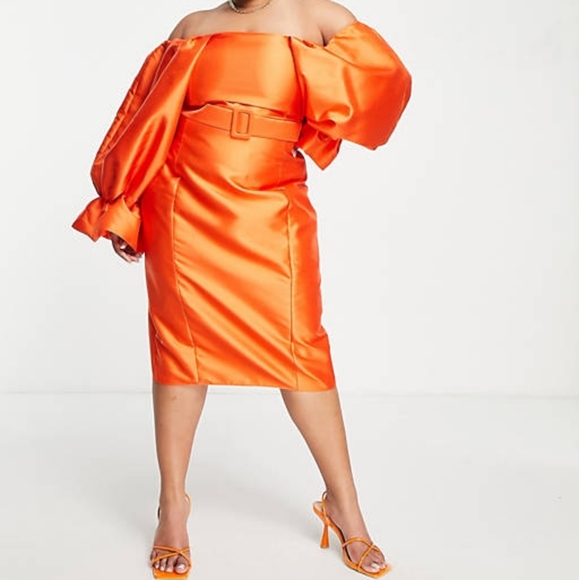 ASOS Dresses & Skirts - ASOS LUXE Curve belted drama sleeve structured satin midi dress in hot orange